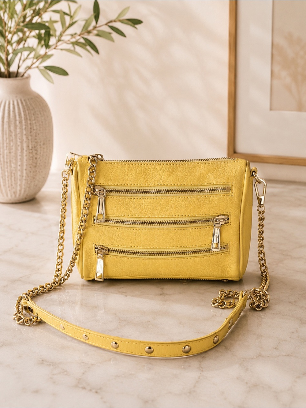Rebecca Minkoff Yellow Leather Crossbody Bag Gold Chain purse